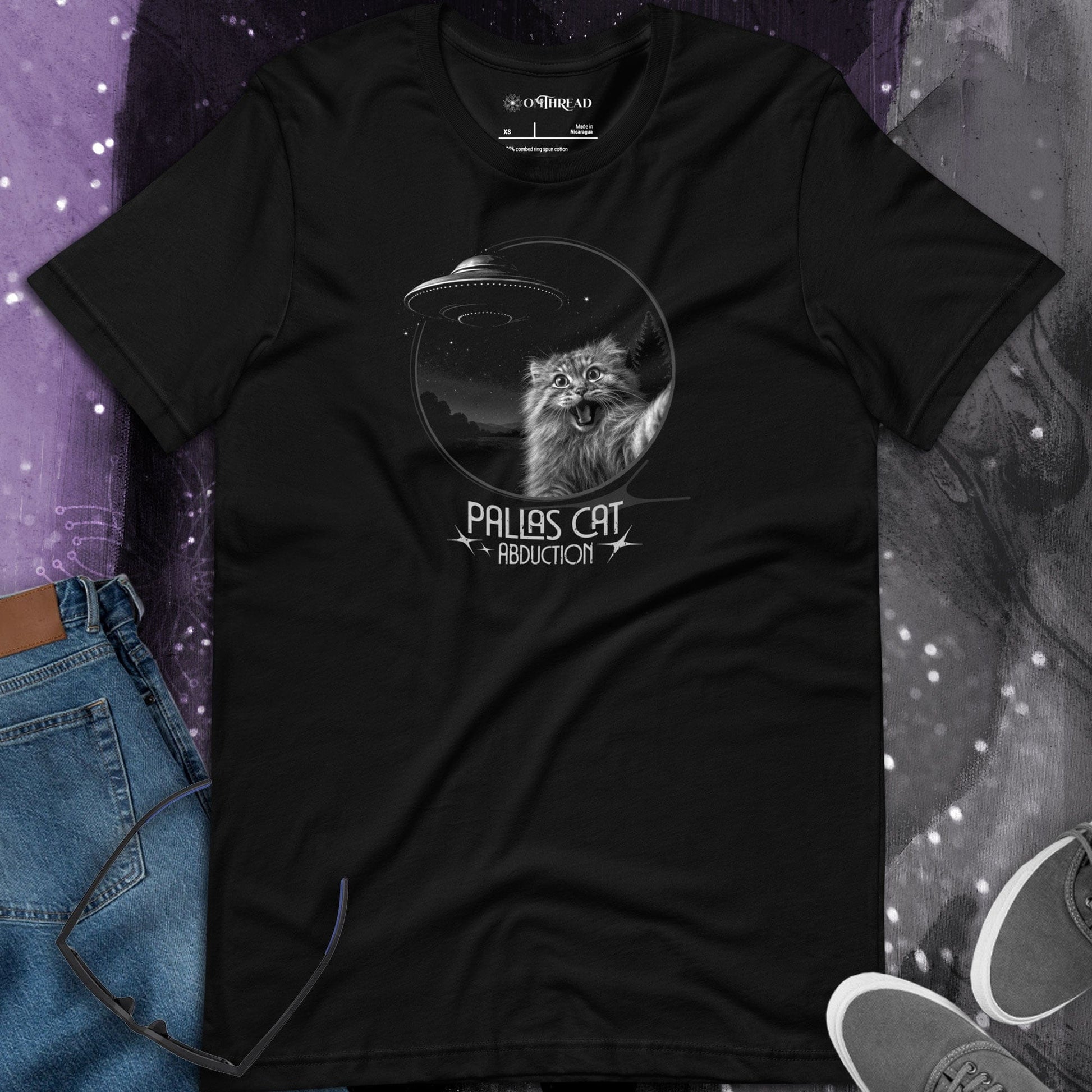 OMTHREAD Funny Pallas Cat UFO Abduction T-Shirt Space Cat Manul Sci-Fi