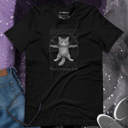 OMTHREAD Funny Purr-truvian Cat T-Shirt Vitruvian Kitten Da Vinci Parody