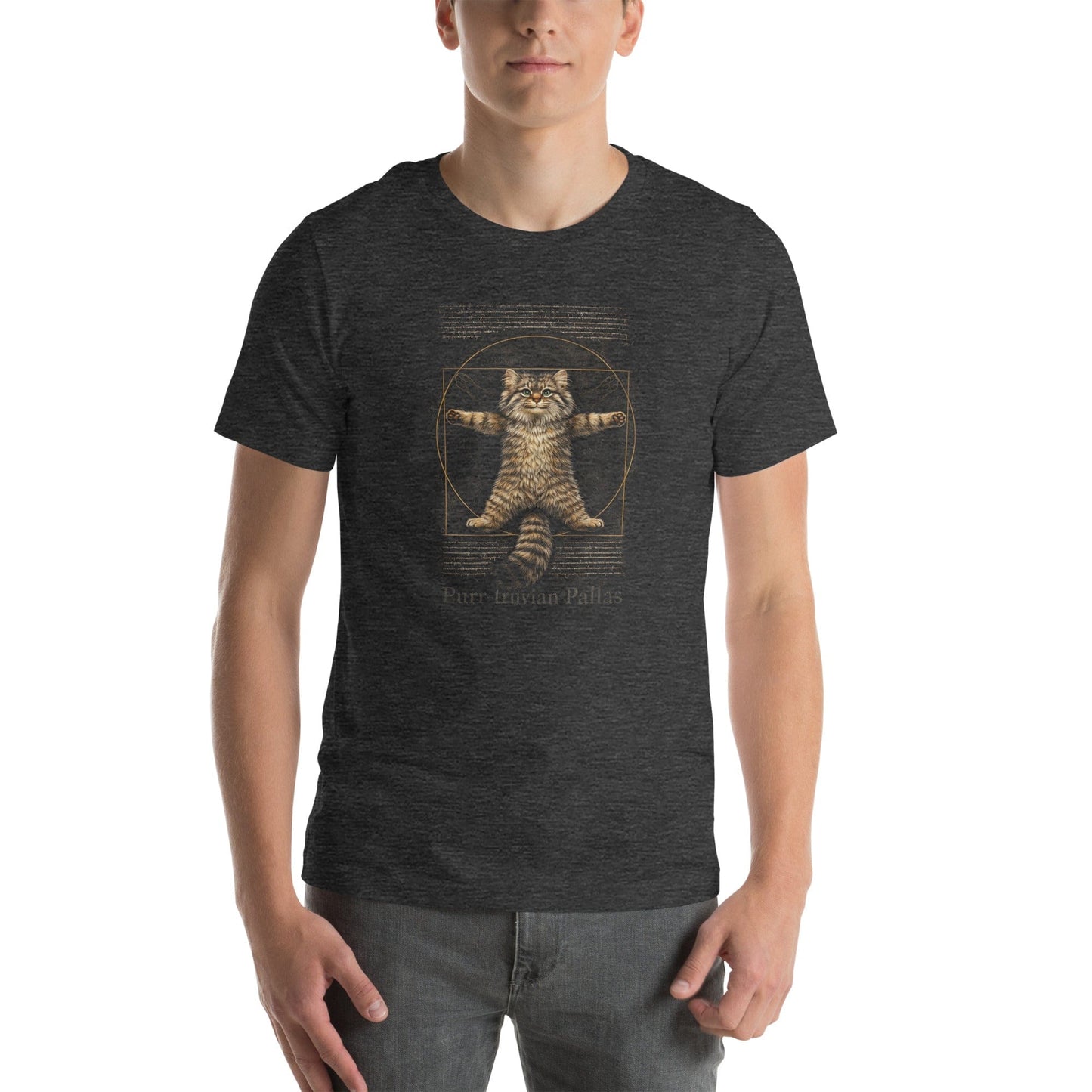 OMTHREAD Funny Purr-truvian Pallas Cat T-Shirt Vitruvian Manul Da Vinci Parody
