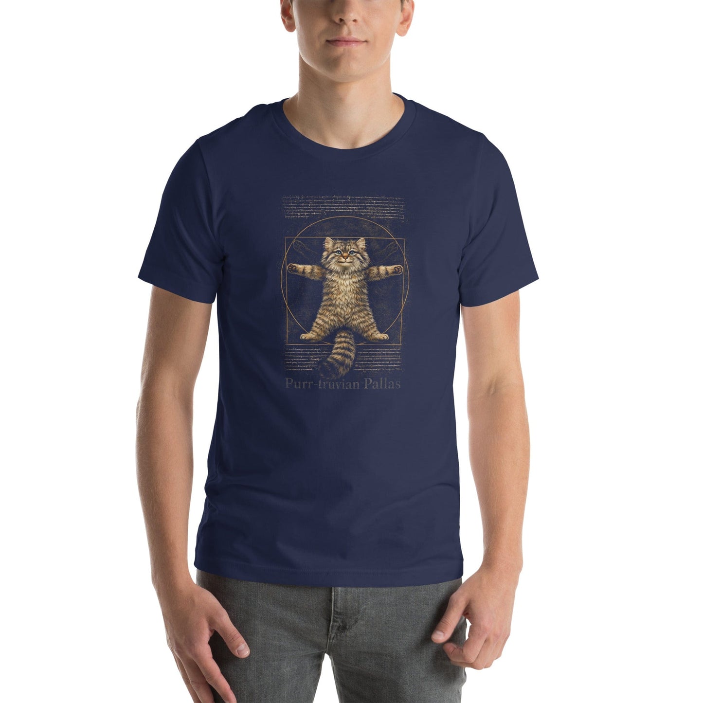 OMTHREAD Funny Purr-truvian Pallas Cat T-Shirt Vitruvian Manul Da Vinci Parody
