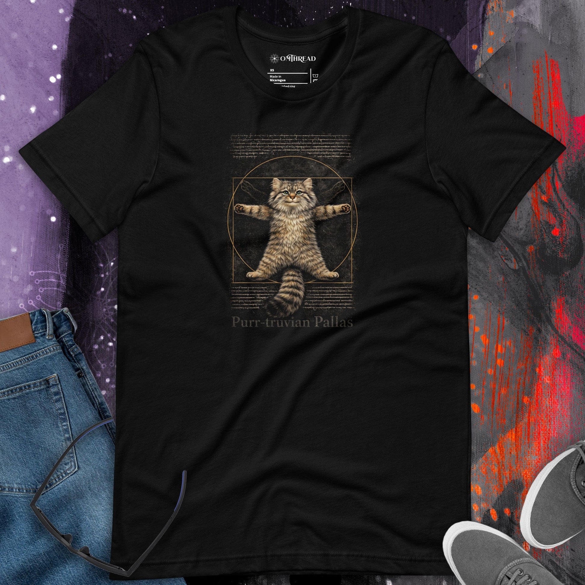 OMTHREAD Funny Purr-truvian Pallas Cat T-Shirt Vitruvian Manul Da Vinci Parody