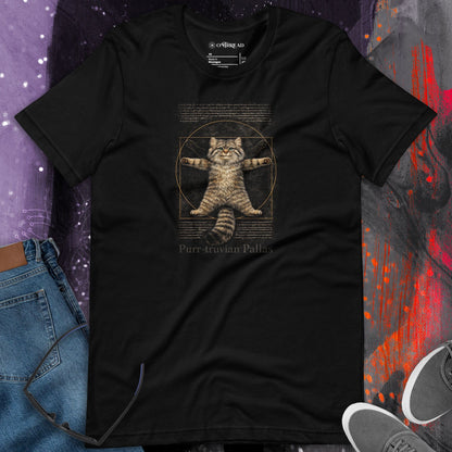 OMTHREAD Funny Purr-truvian Pallas Cat T-Shirt Vitruvian Manul Da Vinci Parody