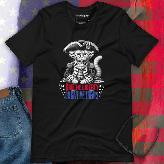 OMTHREAD Give Me Liberty or Give Me Treats Cat T-Shirt | Patriotic Cat Lover Tee