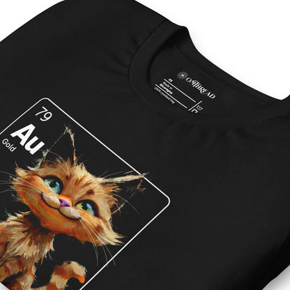 Man wearing a black t-shirt featuring an orange tabby cat sitting cheerfully inside a square design resembling a periodic table element. The square includes 'Au' for gold, the atomic number 79, and the text 'Orange Tabby In My Element' underneath.