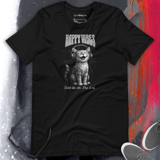 OMTHREAD Happy Vibes Cat T-Shirt, Smiling Cat Shirt for Cat Lovers, Giftable Positive Vibes Cat Tee