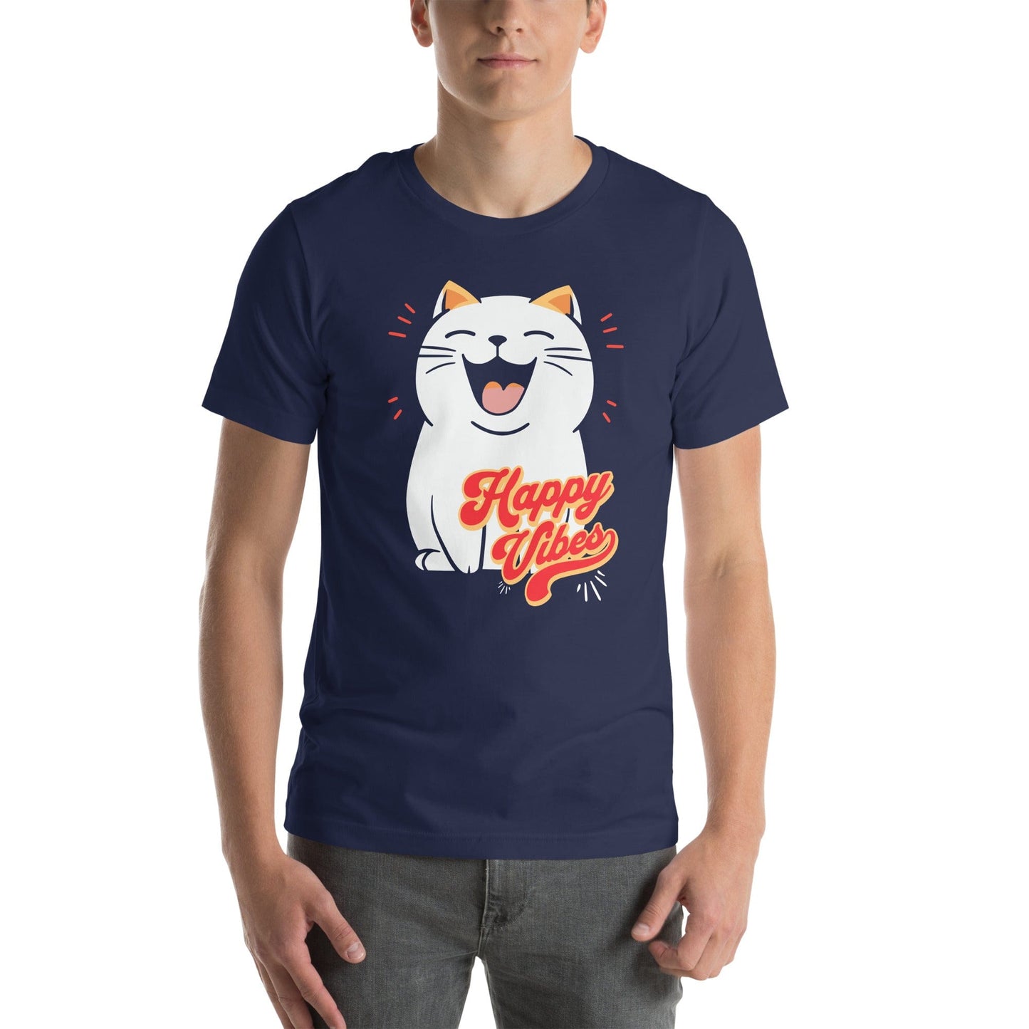 Man wearing OMThread's navy 'Happy Vibes' t-shirt, featuring a happy white cartoon cat and bold 'Happy Vibes' lettering, perfect for adding a touch of joy to casual outfits. 