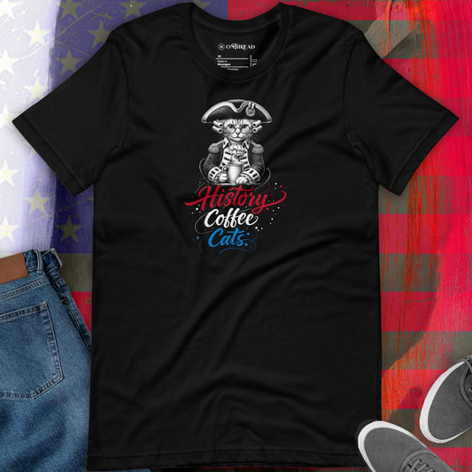 OMTHREAD History Coffee Cats Patriotic Vintage Cat Graphic Tee