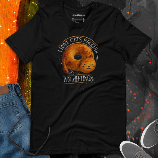 OMTHREAD I Love Cats, Bagels and No Meetings Cat T-Shirt