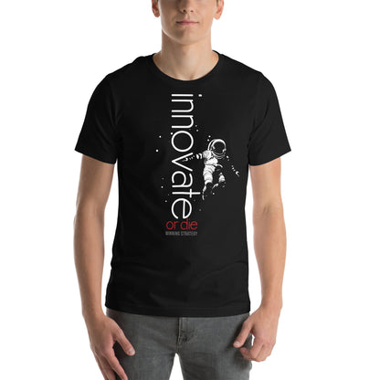 Man wearing black t-shirt with vertical 'Innovate or Die' text and astronaut design, embodying the spirit of exploration and bold strategy – from OMThread's inspirational collection.