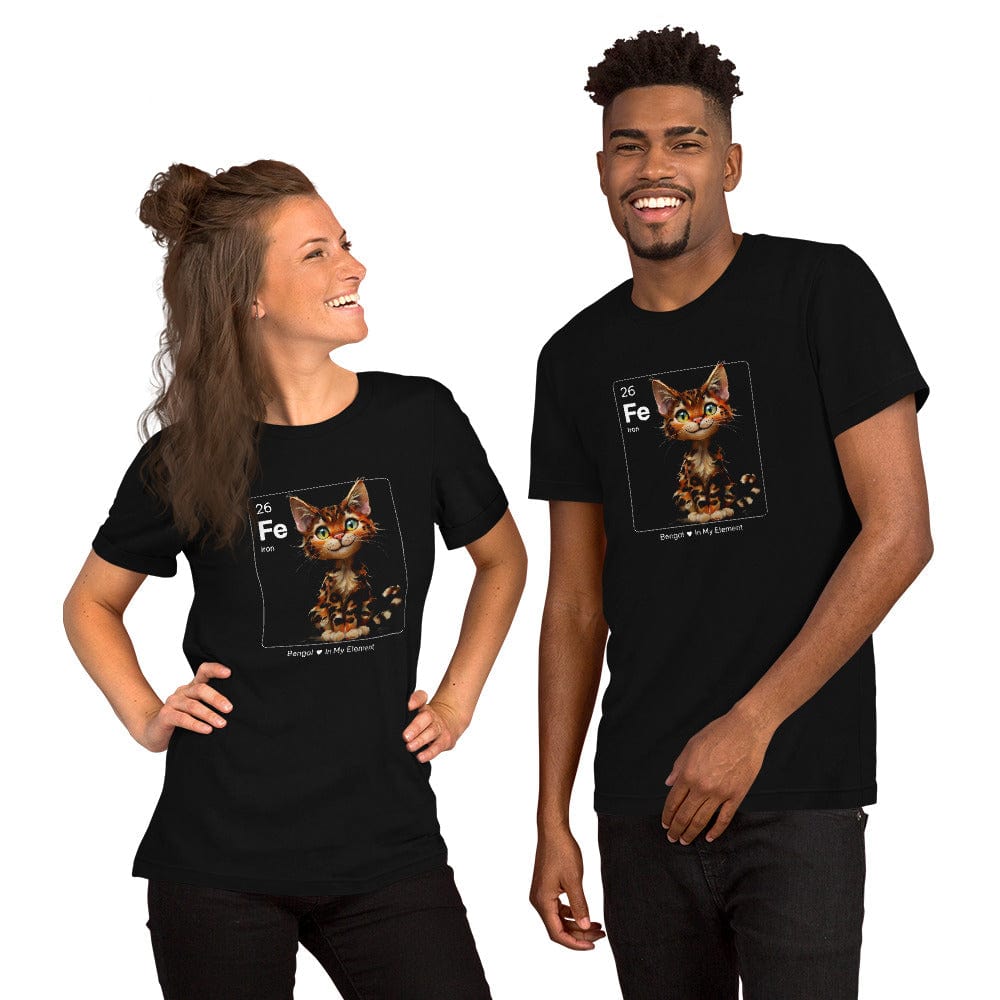 man and Woman wearing black t-shirt with a periodic table-inspired design featuring a cute, illustrated Bengal cat within a square labeled 'Fe' for Iron. Text below reads 'Bengal In My Element'