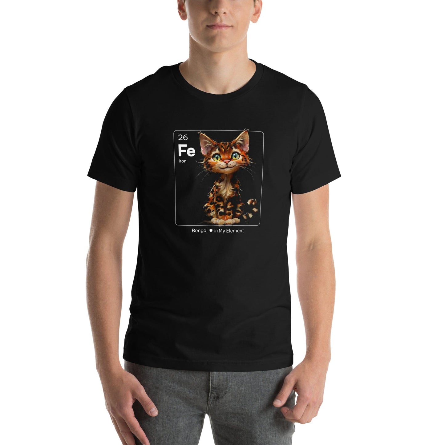 man wearing black t-shirt with a periodic table-inspired design featuring a cute, illustrated Bengal cat within a square labeled 'Fe' for Iron. Text below reads 'Bengal In My Element'