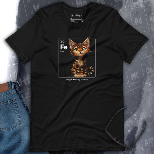 Black t-shirt with a periodic table-inspired design featuring a cute, illustrated Bengal cat within a square labeled 'Fe' for Iron. Text below reads 'Bengal In My Element'