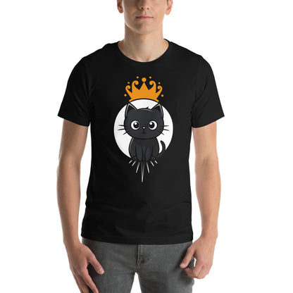 Male model in studio wearing an OMThread black t-shirt with a crowned black cat design, showcasing a casual and playful style for cat enthusiasts. Cat graphic tee | Cute cat t-shirt design | Feline lovers gift | Pet-themed apparel