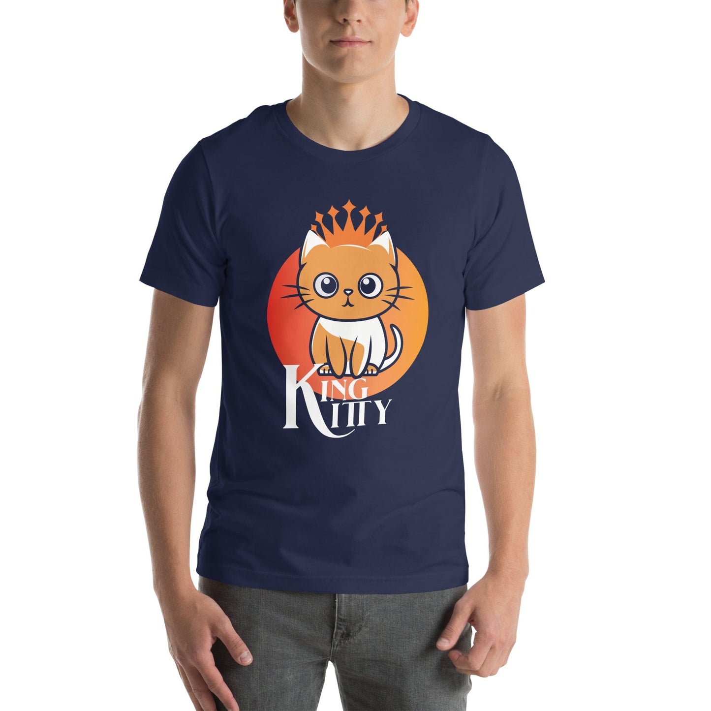 A man wearing the navy "King Kitty" t-shirt, presenting a relaxed and confident look. The vibrant design stands out on the rich navy fabric, appealing to cat lovers with a sense of humor and style.