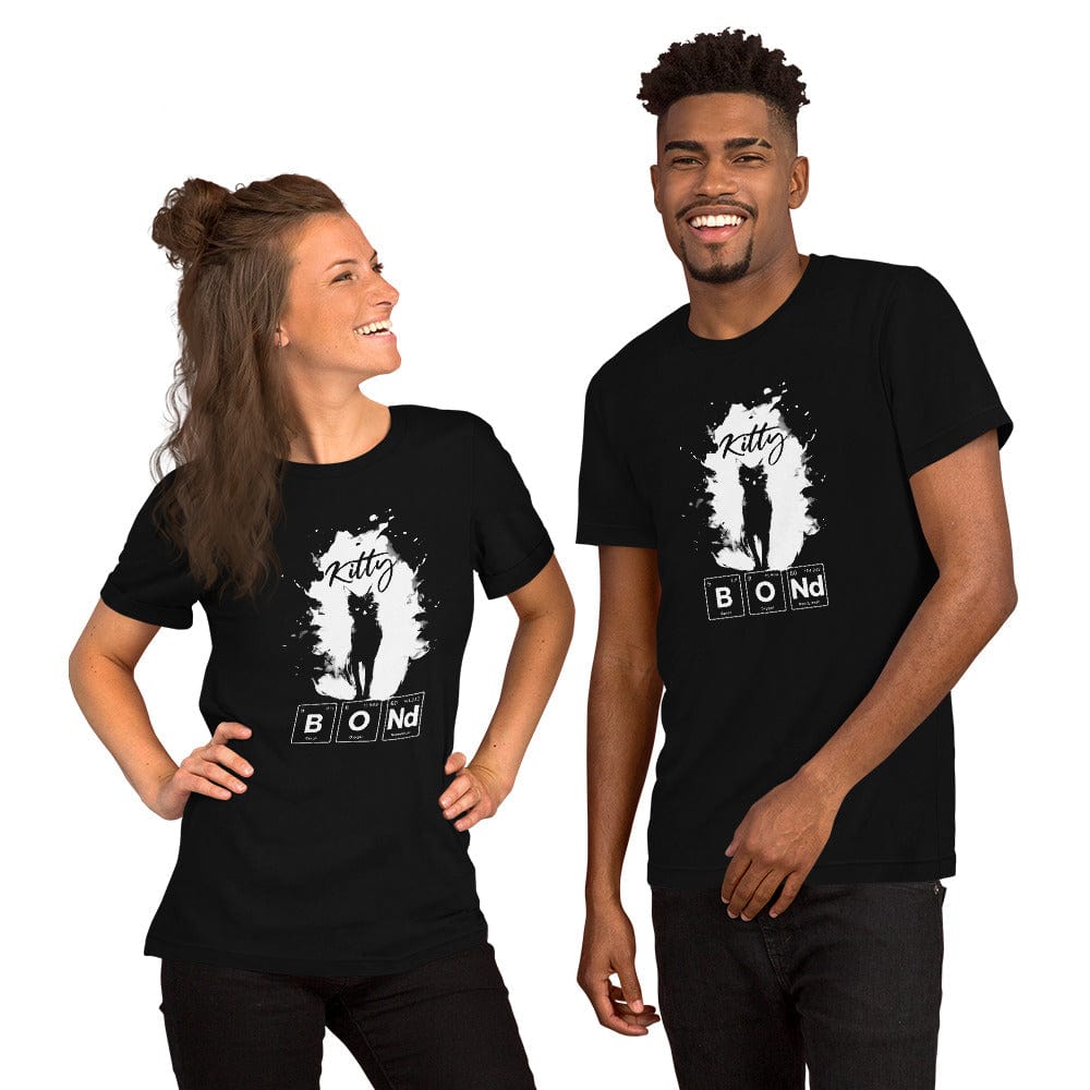 Man and woman wearing black t-shirt featuring a silhouette of a black cat within a white paint splatter design. Above the cat, the word 'Kitty' is written in cursive, and below, 'BOND' is spelled out using periodic table elements: Boron (B), Oxygen (O), and Neodymium (Nd).