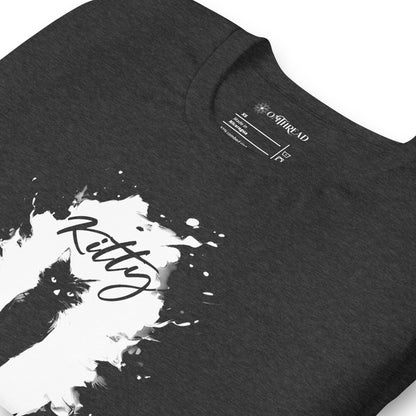 Charcoal t-shirt featuring a silhouette of a black cat within a white paint splatter design. Above the cat, the word 'Kitty' is written in cursive, and below, 'BOND' is spelled out using periodic table elements: Boron (B), Oxygen (O), and Neodymium (Nd).