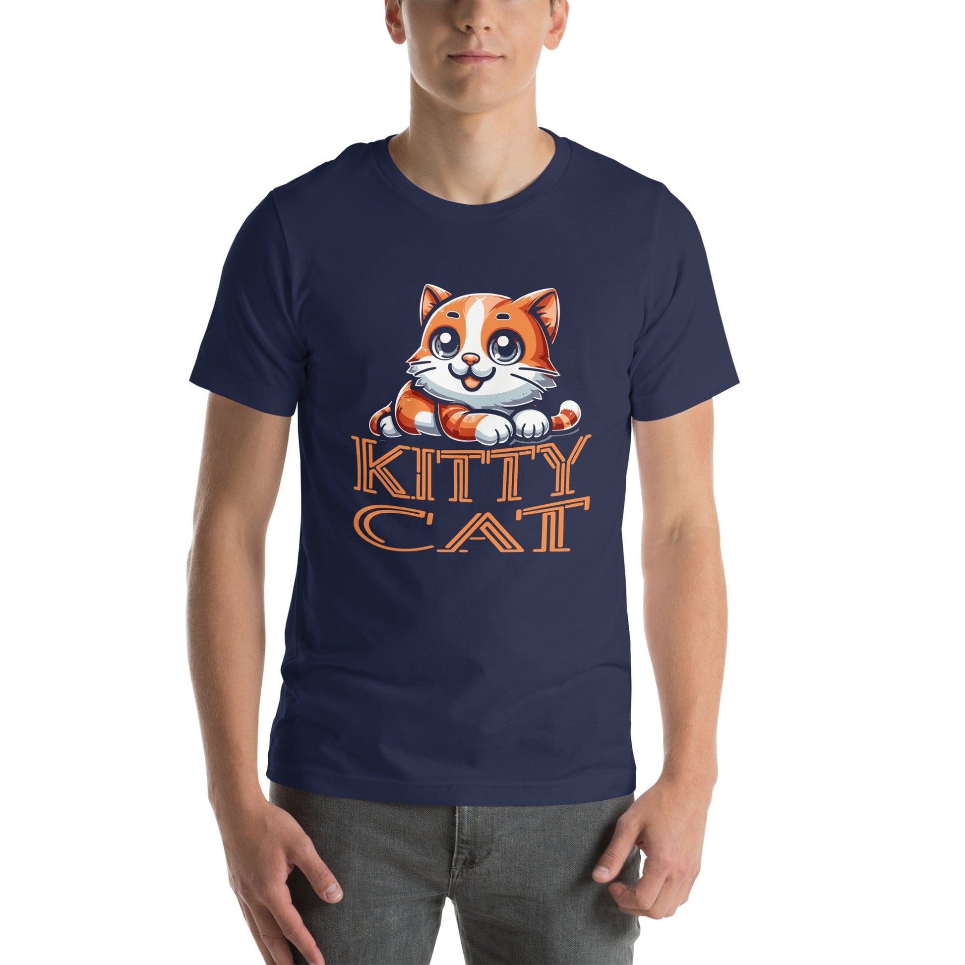 Man wearing OMThread's 'Kitty Cat' t-shirt in navy blue, featuring a cute cartoon orange tabby cat and playful orange lettering, ideal for casual wear and cat enthusiasts. Cat graphic tee | Cute cat t-shirt design | Feline lovers gift | Pet-themed apparel