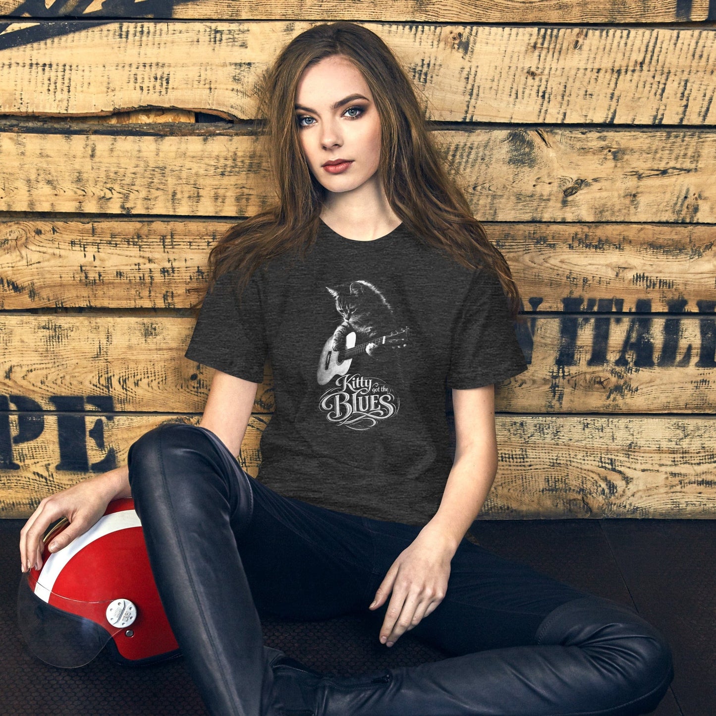 OMTHREAD Kitty Got the Blues Cat Guitar Graphic T Shirt for Music Lovers