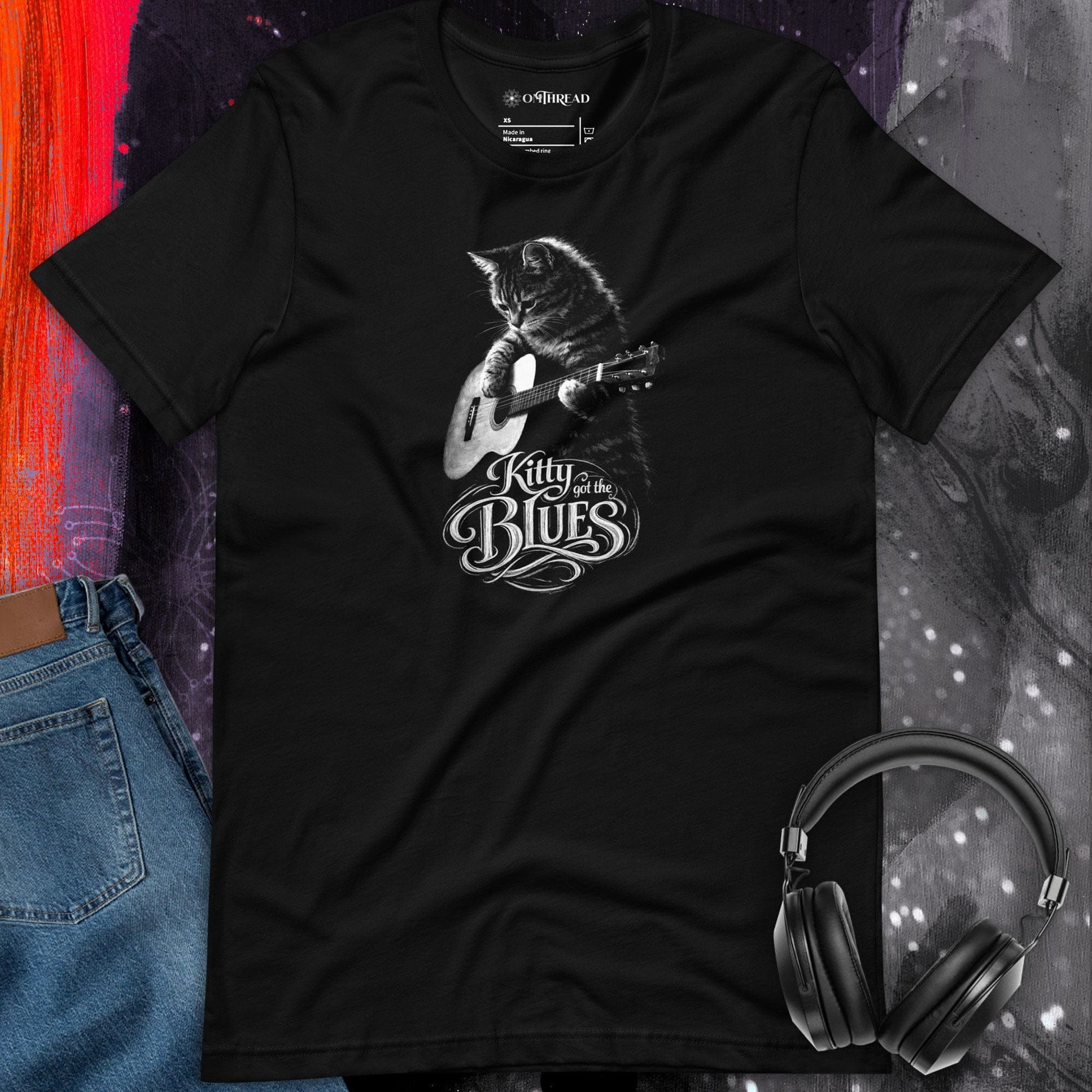 OMTHREAD Kitty Got the Blues Cat Guitar Graphic T Shirt for Music Lovers
