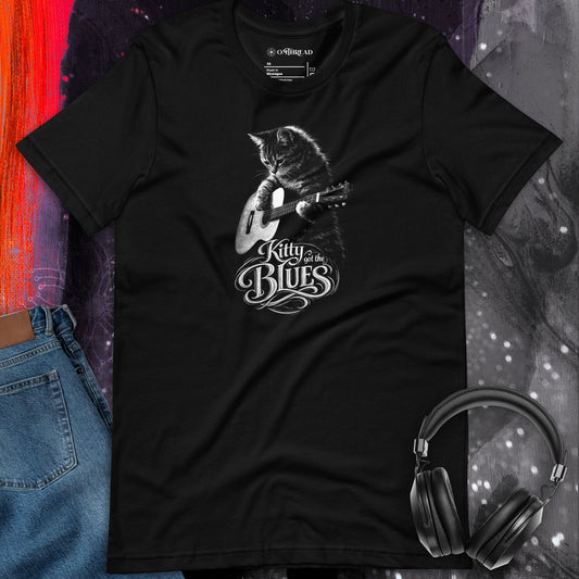 OMTHREAD Kitty Got the Blues Cat Guitar Graphic T Shirt for Music Lovers