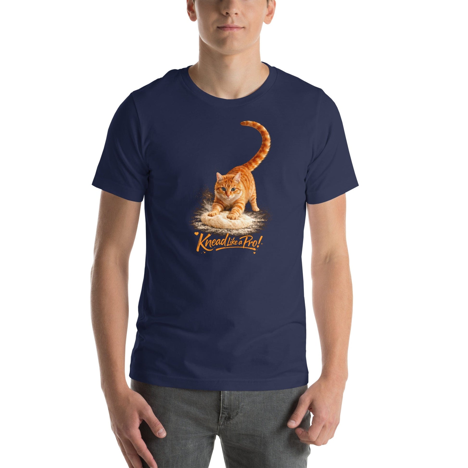 OMTHREAD navy blue T-Shirt Knead Like a Pro Cat Orange Tabby Making Biscuits Baker Gift