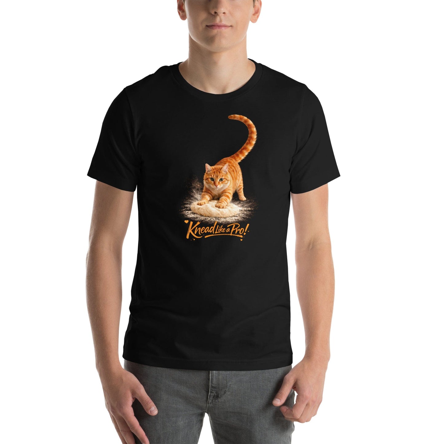 OMTHREAD Black T-Shirt Knead Like a Pro Cat Orange Tabby Making Biscuits Baker Gift