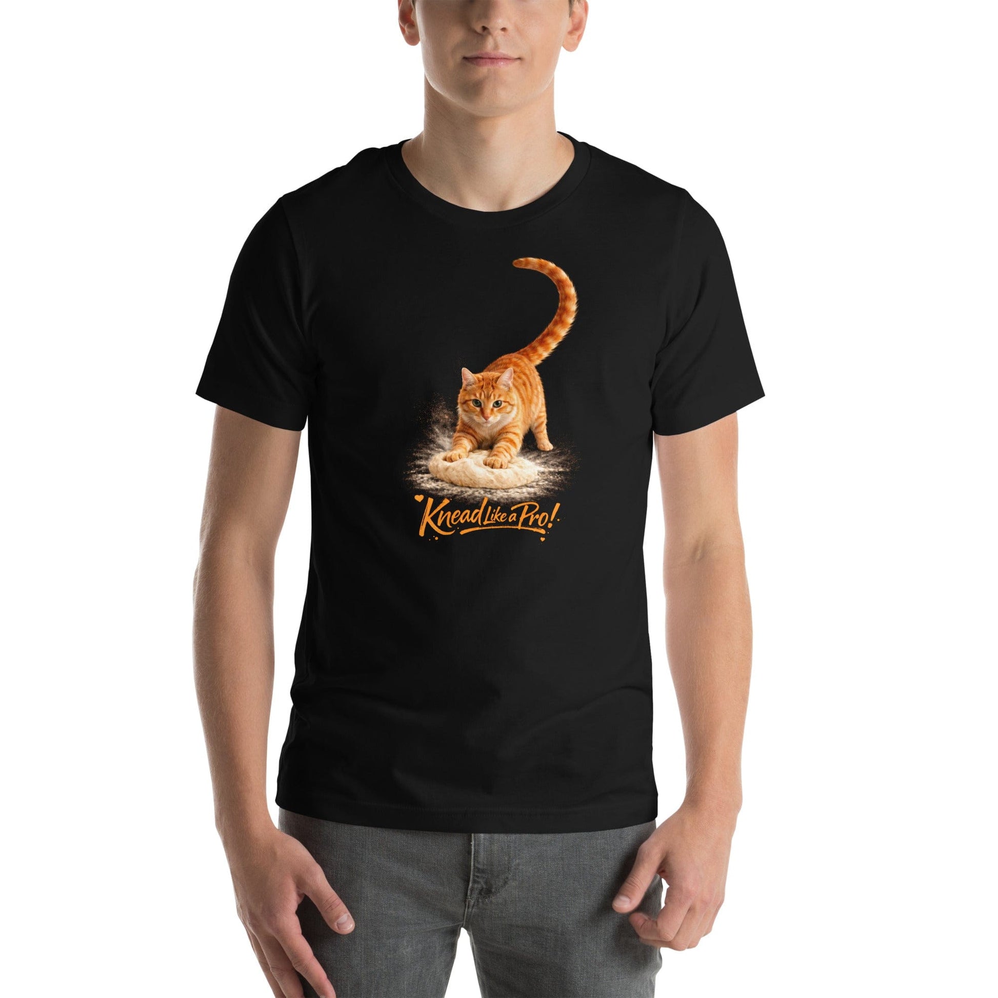 OMTHREAD Black T-Shirt Knead Like a Pro Cat Orange Tabby Making Biscuits Baker Gift
