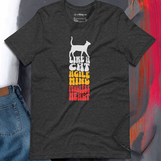 OMTHREAD Like a Cat dark gray T-Shirt featuring bold typography stacked in gradient colors with the phrase "Like a Cat Agile Mind Fearless Heart" and a cat silhouette.