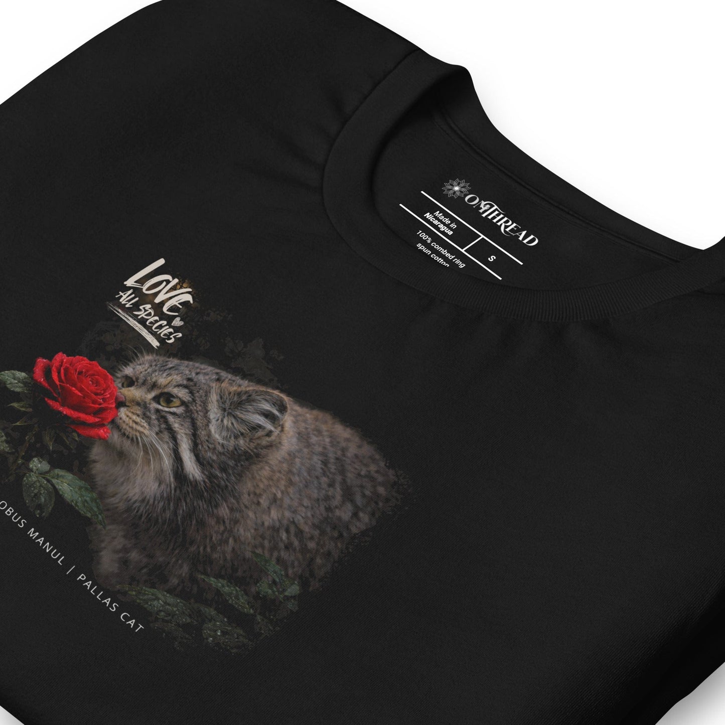 OMTHREAD Love All Species Pallas Cat T-Shirt Wildcat with Red Rose