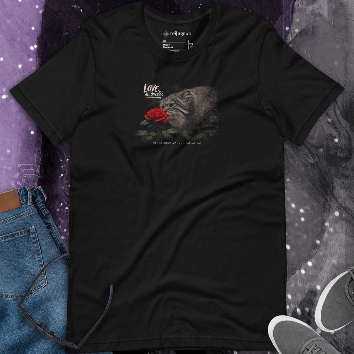 OMTHREAD Love All Species Pallas Cat T-Shirt Wildcat with Red Rose