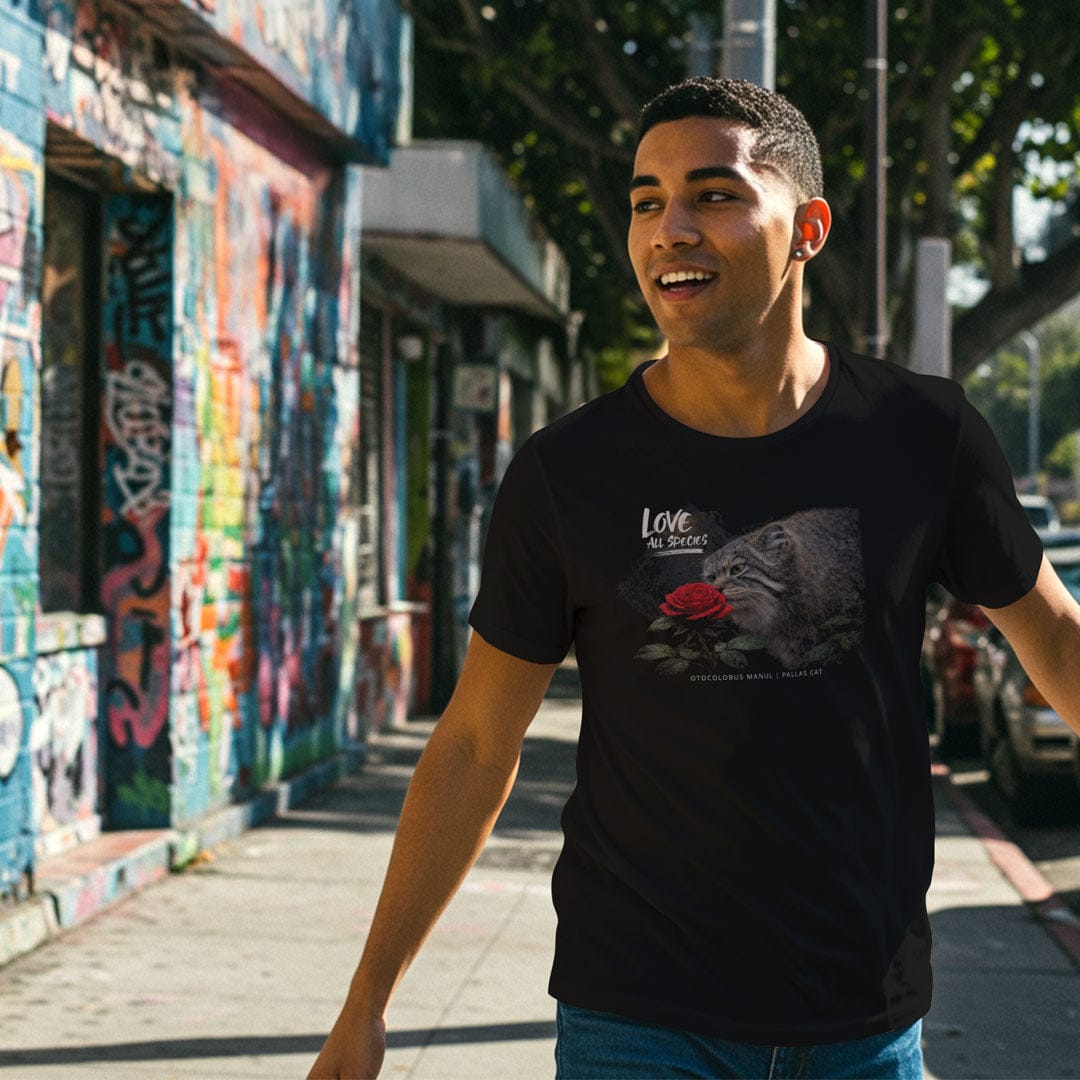 OMTHREAD Love All Species Pallas Cat T-Shirt Wildcat with Red Rose