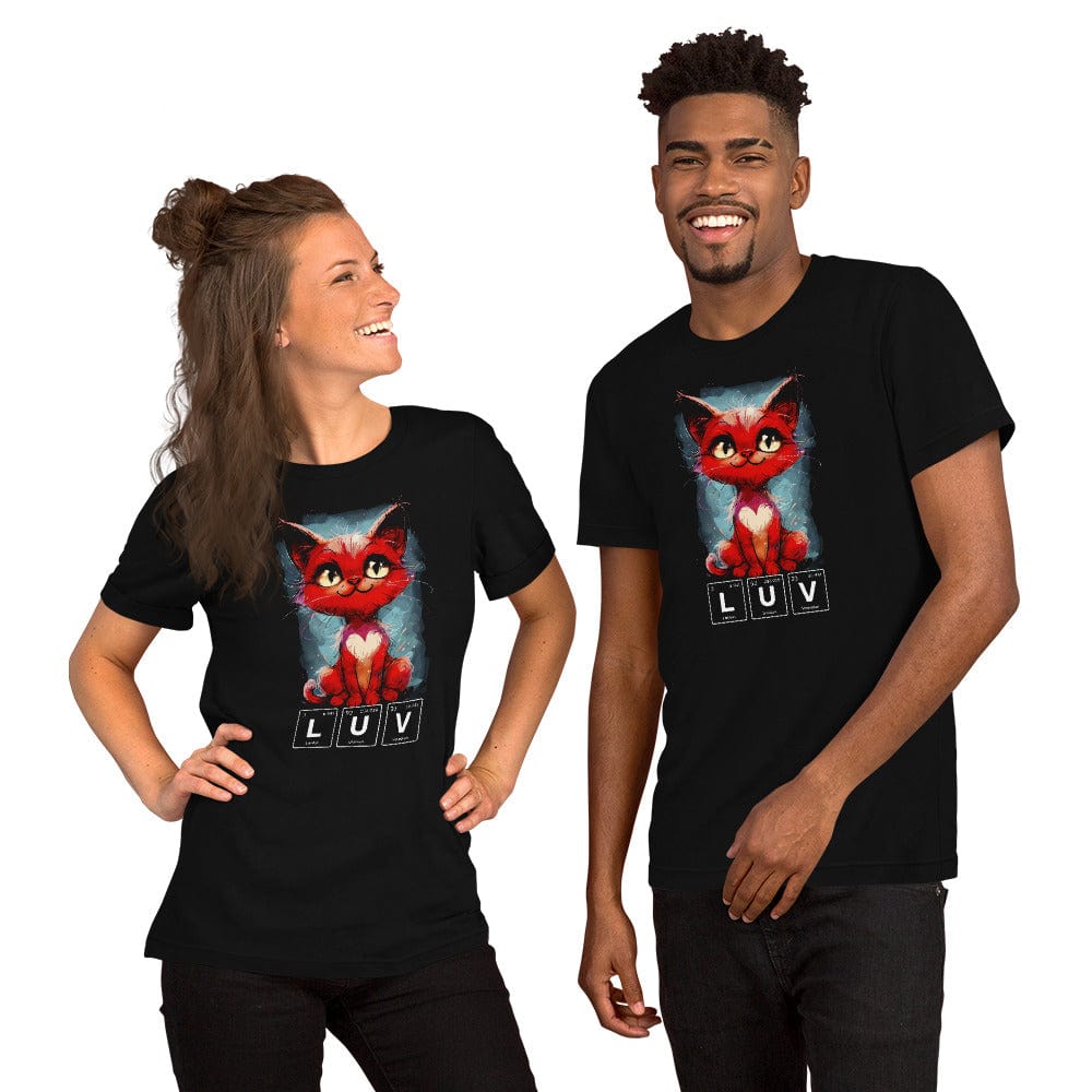 Man and woman wearing black t-shirt featuring a vibrant red cartoon cat with bright yellow eyes and a white heart on its chest. Below the cat, the word 'LUV' is spelled out using periodic table elements: Lithium (Li), Uranium (U), and Vanadium (V).