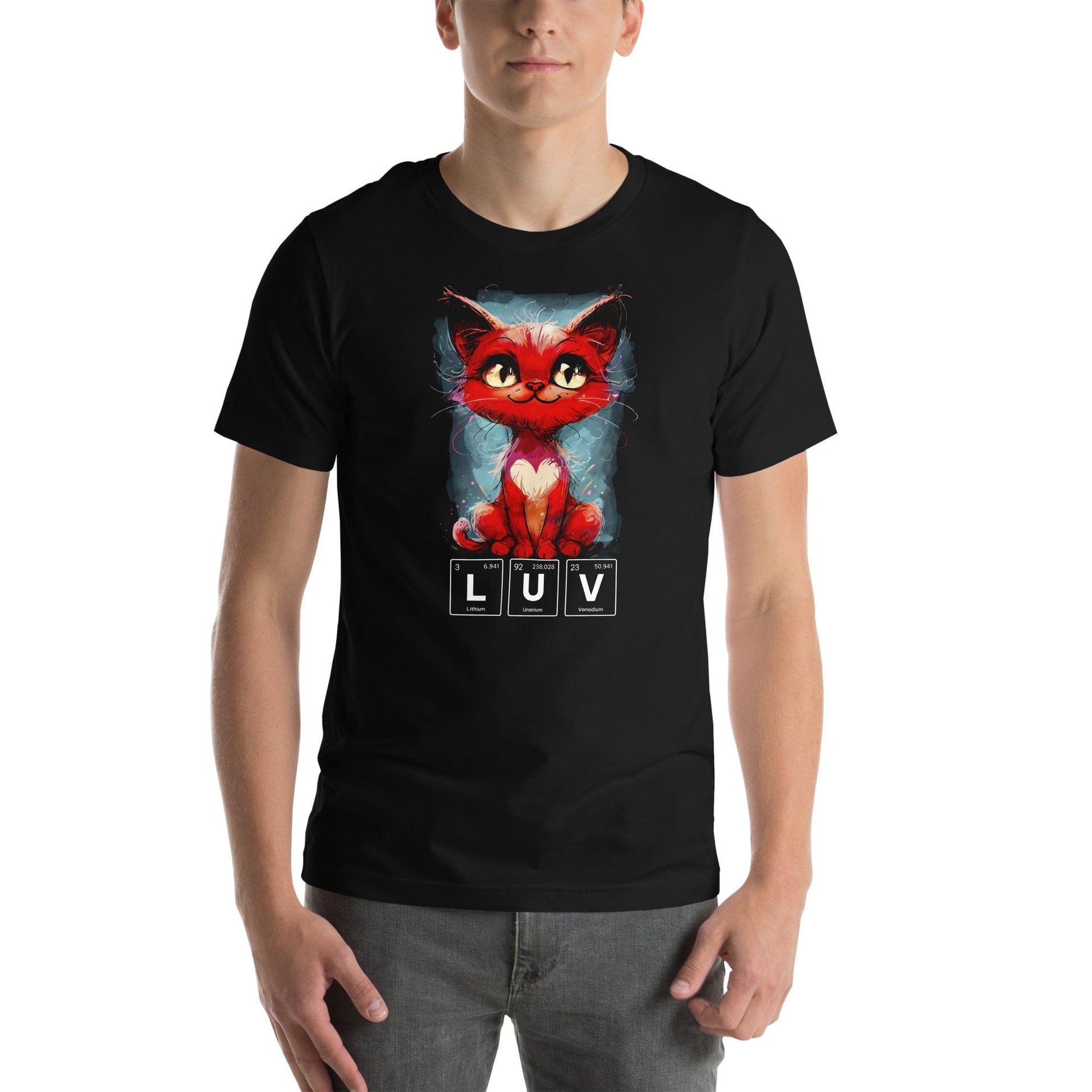 Man wearing black t-shirt featuring a vibrant red cartoon cat with bright yellow eyes and a white heart on its chest. Below the cat, the word 'LUV' is spelled out using periodic table elements: Lithium (Li), Uranium (U), and Vanadium (V).