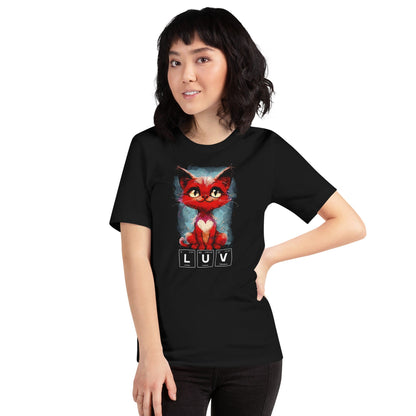 Woman wearing black t-shirt featuring a vibrant red cartoon cat with bright yellow eyes and a white heart on its chest. Below the cat, the word 'LUV' is spelled out using periodic table elements: Lithium (Li), Uranium (U), and Vanadium (V).