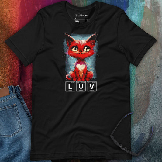 Black t-shirt from OMThread featuring a vibrant red cartoon cat with bright yellow eyes and a white heart on its chest. Below the cat, "LUV" is spelled out using periodic table elements: lithium, uranium, and vanadium.