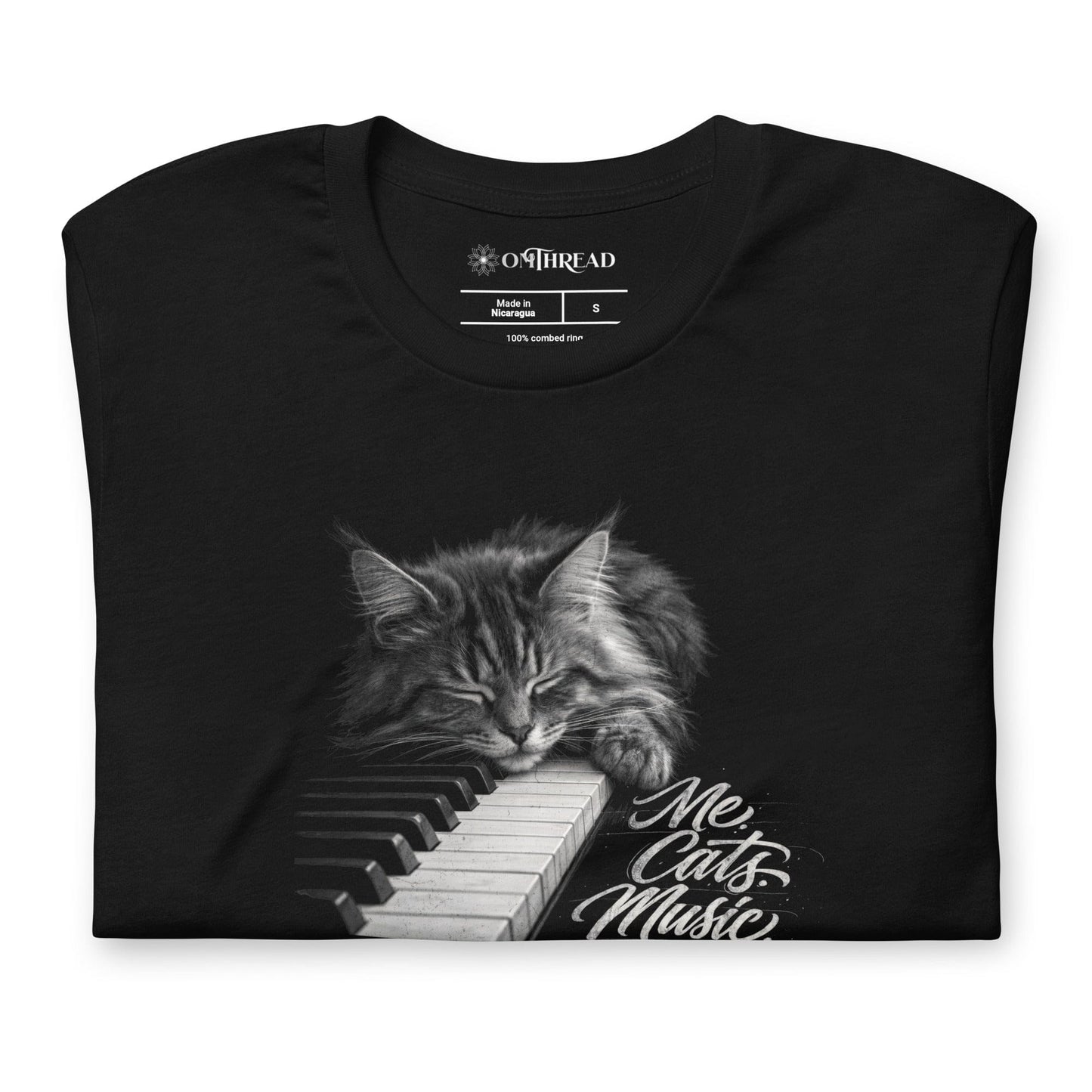 OMTHREAD Me Cats Music Shirt Sleeping Cat Piano Graphic Tee for Cat Lovers and Musicians