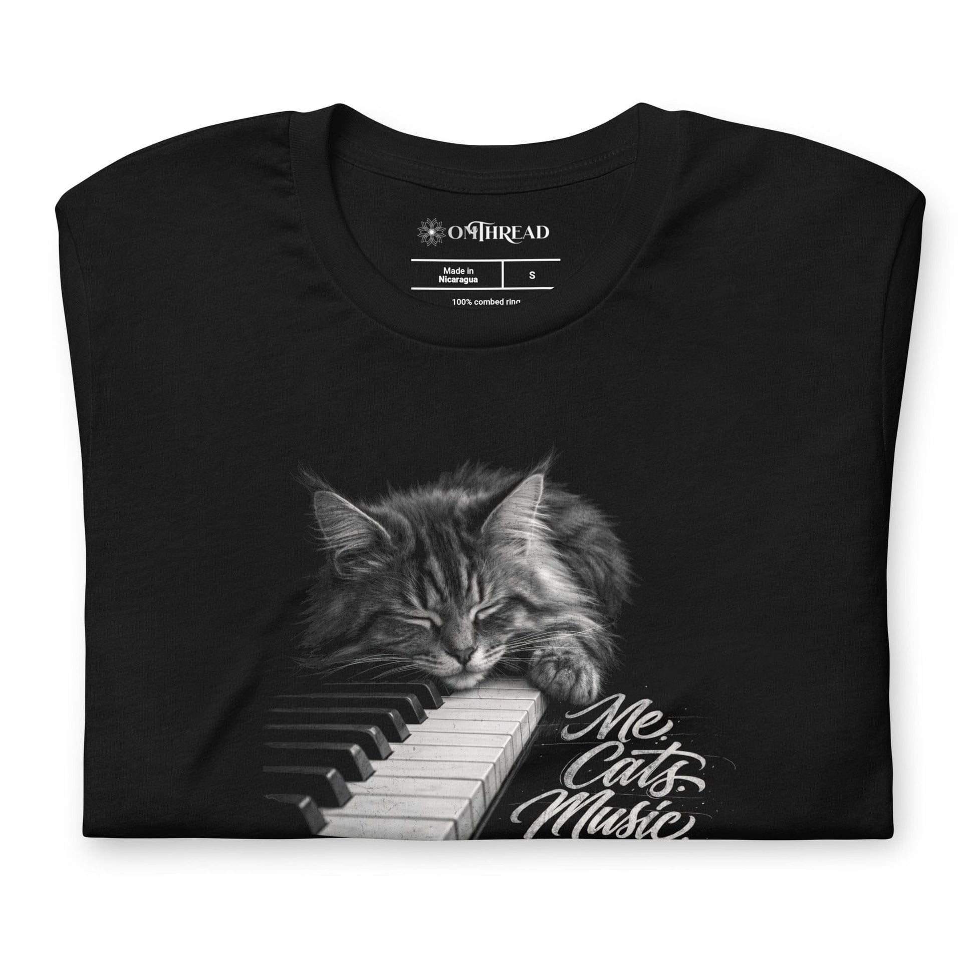 OMTHREAD Me Cats Music Shirt Sleeping Cat Piano Graphic Tee for Cat Lovers and Musicians