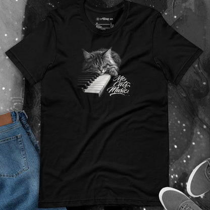 OMTHREAD Me Cats Music Shirt Sleeping Cat Piano Graphic Tee for Cat Lovers and Musicians