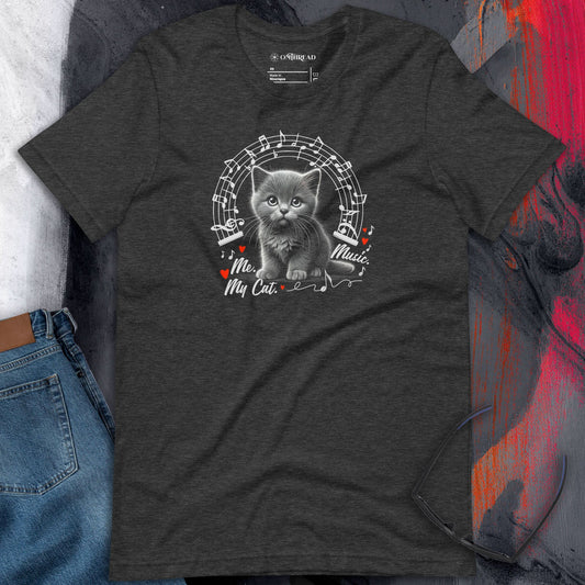 OMThread Me My Cat and Music dark gray T-Shirt featuring an illustration of a kitten surrounded by musical notes. The kitten sits under an arch of music symbols with heart accents, creating a whimsical design that blends feline charm with a love for music.