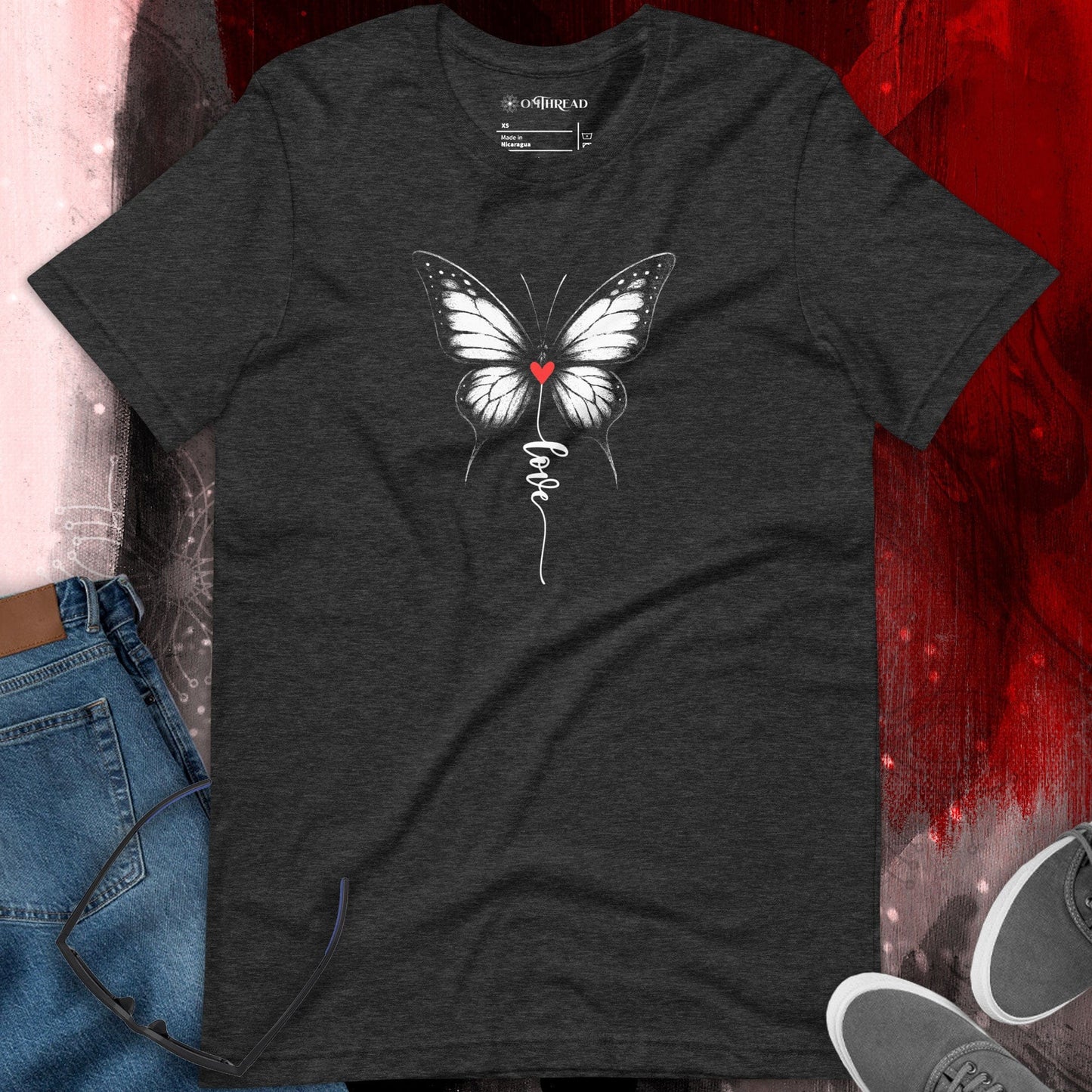 OMTHREAD Monarch Love Shirt Black and White with Red Heart