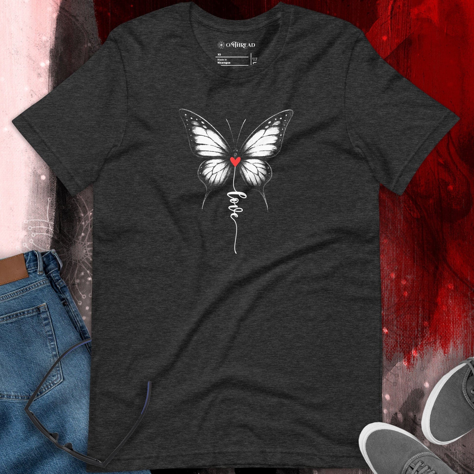 OMTHREAD Monarch Love Shirt Black and White with Red Heart