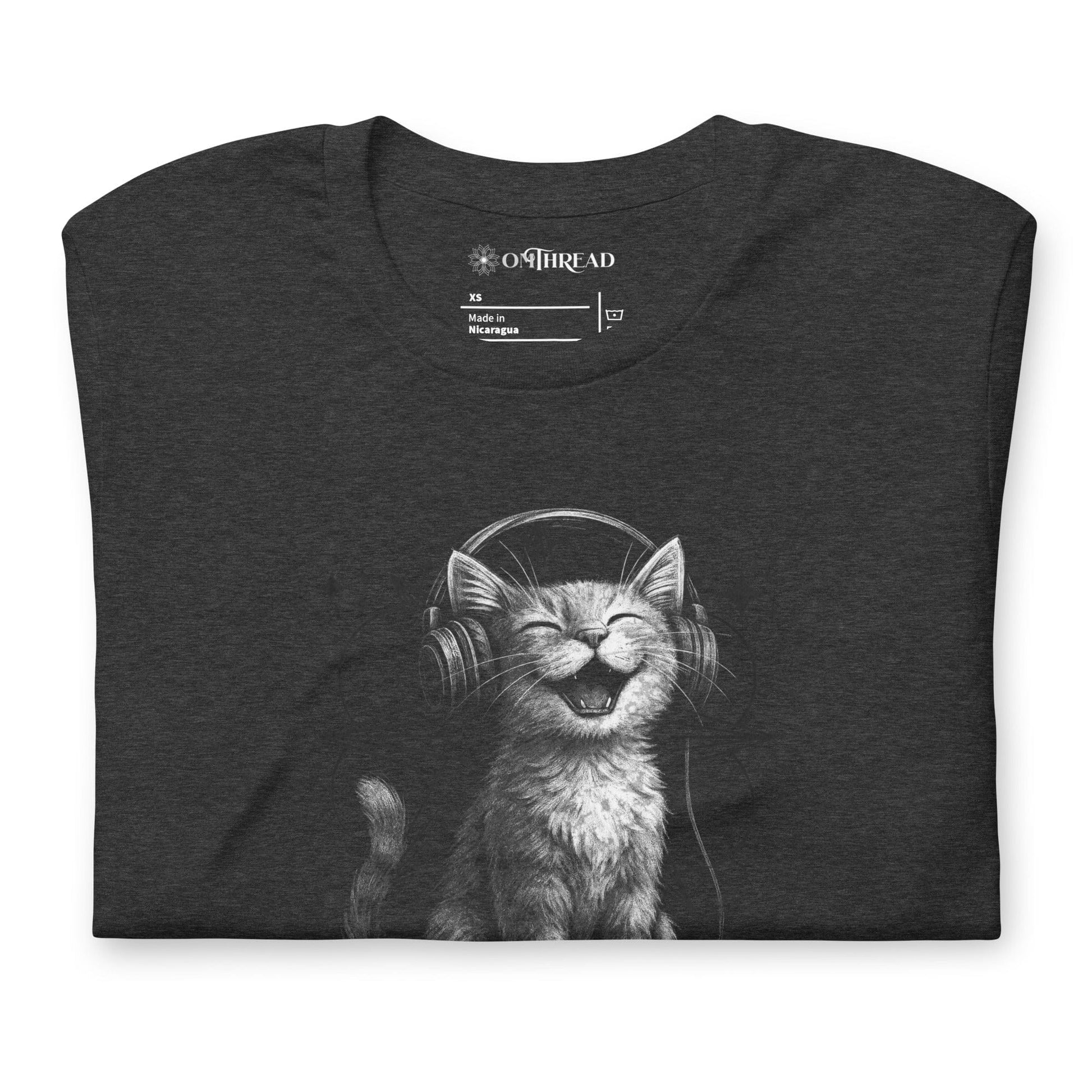 OMTHREAD Musical Vibes Cat T-Shirt, Smiling Cat Shirt for Cat Lovers, Giftable Positive Vibes Cat Tee