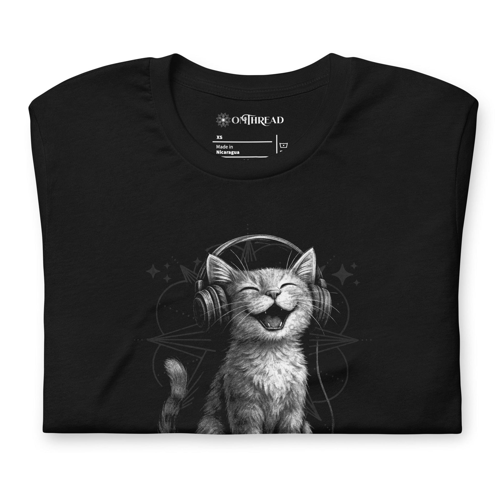 OMTHREAD Musical Vibes Cat T-Shirt, Smiling Cat Shirt for Cat Lovers, Giftable Positive Vibes Cat Tee
