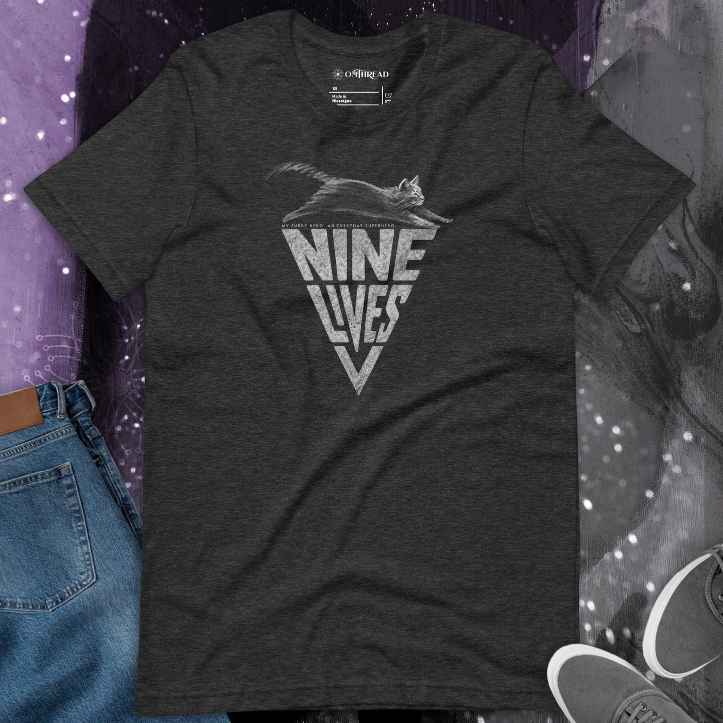 OMTHREAD My Furry Hero Nine Lives Cat Superhero Graphic Tee
