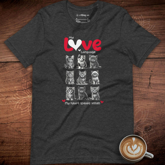 OMTHREAD My Love Language Kitten T-Shirt in dark gray featuring a grid of hand-drawn kittens with the words "My Love Language" in red and white text and "My Heart Speaks Kitten" below.