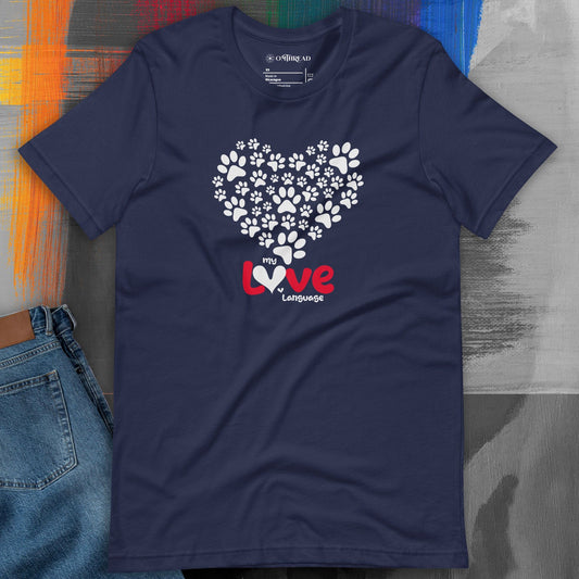 OMTHREAD navy blue t-shirt featuring a heart-shaped design made of white paw prints with the phrase "My Love Language" in bold red and white text.