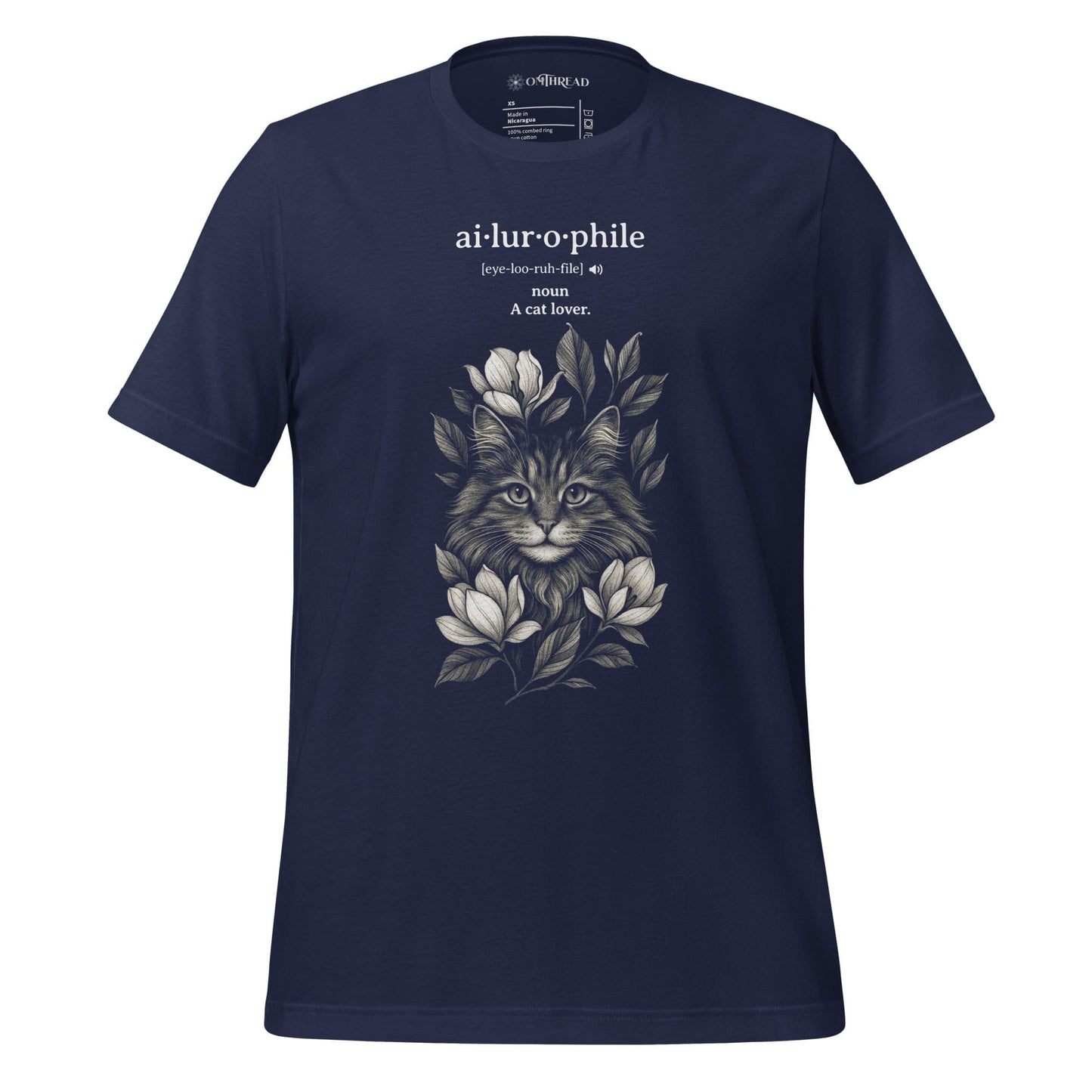 OMTHREAD Navy / XS Ailurophile Definition T-Shirt Floral Cat Lover Gift