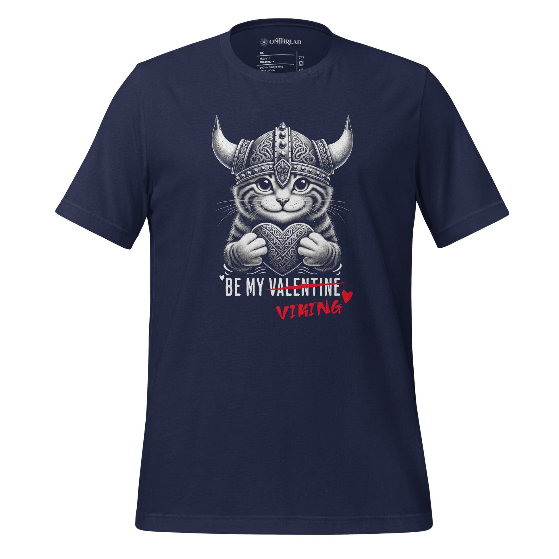 OMTHREAD Navy / XS Be My Valentine Viking Cat T-Shirt | Funny Norse Love Graphic Tee