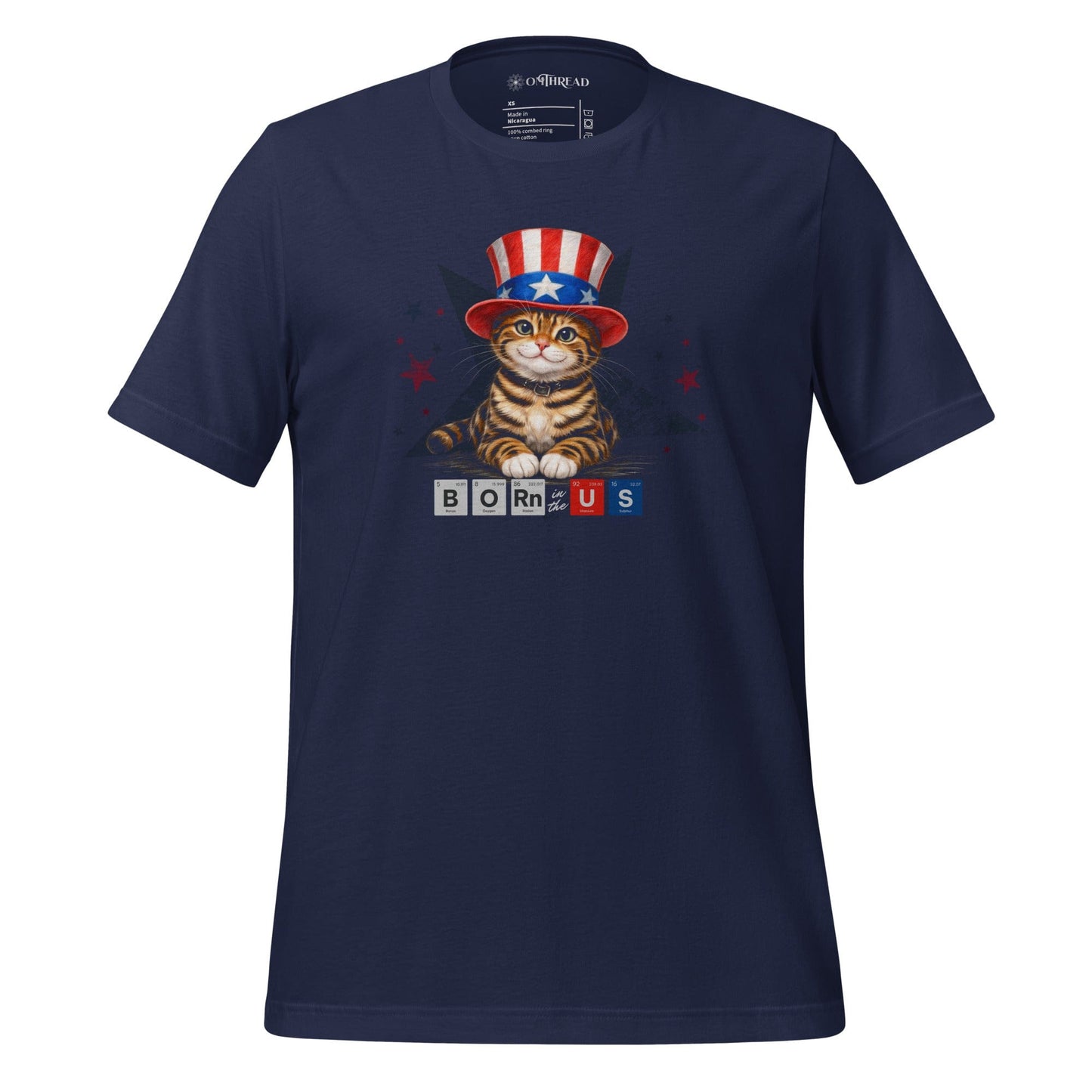 OMTHREAD Navy / XS Born in USA Patriotic Tabby Cat Science Graphic Tee 4th July