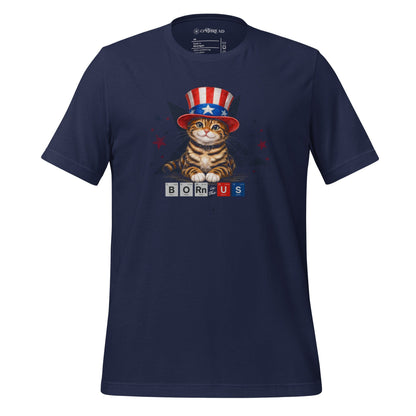 OMTHREAD Navy / XS Born in USA Patriotic Tabby Cat Science Graphic Tee 4th July